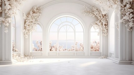 Fototapeta na wymiar white room with arch and flowers in the wall and large window Generative Ai