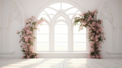 Fototapeta na wymiar white room with arch and flowers in the wall and large window Generative Ai