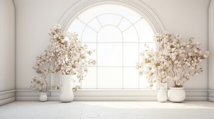 white room with arch and flowers in the wall and large window Generative Ai