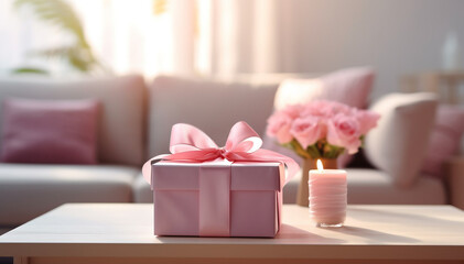 Pink Mother Day gift box on beige living room background. Ribbon-tied box. Special present occasions birthday, valentine, anniversary, Christmas holidays. Gifting surprise packaging. Banner