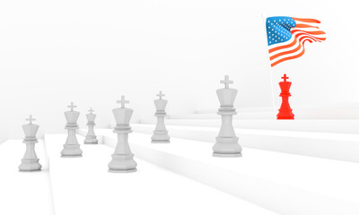 King of chess, standing out from the crowd. National flag of USA. 3D Render