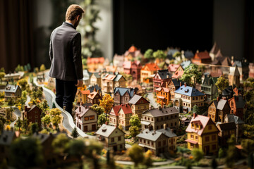 A thoughtful man gazes over a detailed miniature town, showcasing expert modeling in urban design and architecture.