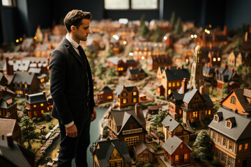 Man contemplates a detailed miniature town, reflecting the art of model-making and urban design.