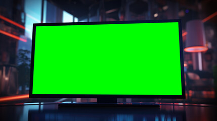 A green screen tv sitting on top of a table. Generative AI.