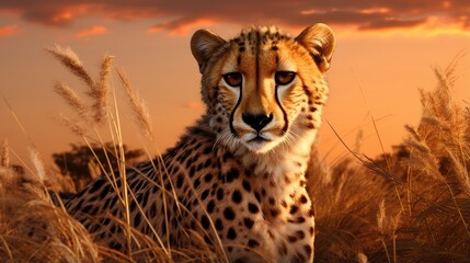 A cheetah sitting in tall grass at sunset. Generative AI. - obrazy, fototapety, plakaty