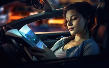A woman sitting in a car reading a book. Generative AI.