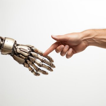 Human hand shaking hands with robot with blur and plain elegant background concept of peace and technological development, good for business, AI, cooperation, robot era and future. Ai generative image
