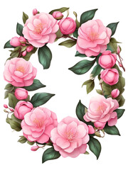 Watercolor pink camellia wreath or border with green leaves. Flower elements. Flowers frame for decoration. 