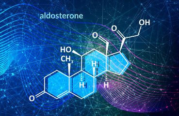 Structural chemical formula of aldosterone. Aldosterone mineralocorticoid hormone, produced by the adrenal gland.