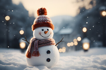 snowman with a smiling face woolen cap and scarf on happy Christmas in a winter cold forest, ornamentals small balls on the ground in the snow Christmas background