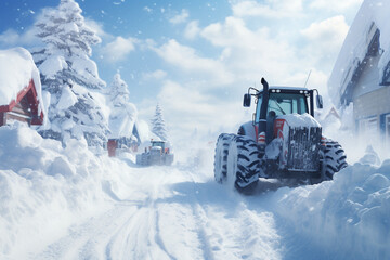 the tractor cleans the snowdrifts. generative ai. heavy snowfall paralyzed the city.