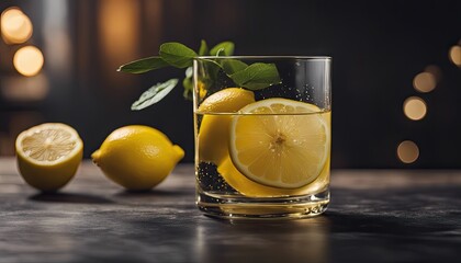 Fototapeta premium realistic close-up, photorealism, delicious, lemon and water, beautiful, dry, elegant, rich, vivid contrast, depth of field, black tones, crisp