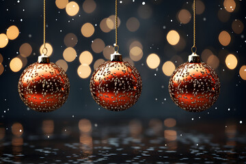 ornamental decoration piece put on a woody surface with sparkle lights banner background, hanging balls of copper golden color Christmas background - obrazy, fototapety, plakaty