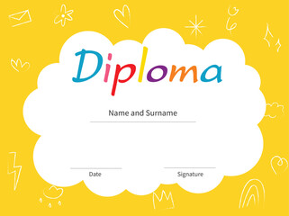 Certificates Diploma template for kindergarten students, Certificate of kids on yellow background with kids elements