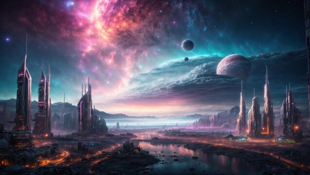 Extraterrestrial Civilization: Futuristic Cityscape Under Alien Skies. Generative AI