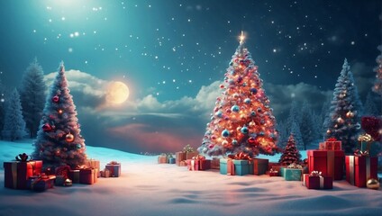 Christmas Delight: 3D Render of Gift Boxes and Tree. Generative AI.