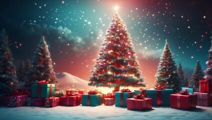 Christmas Delight: 3D Render of Gift Boxes and Tree. Generative AI