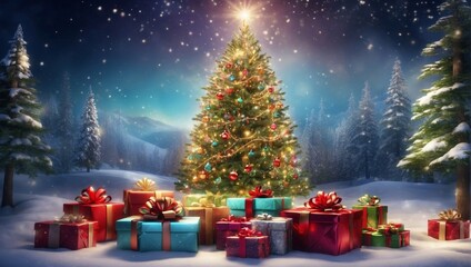 Christmas Delight: 3D Render of Gift Boxes and Tree. Generative AI	