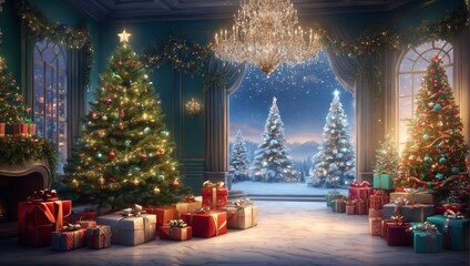 Christmas Delight: 3D Render of Gift Boxes and Tree. Generative AI