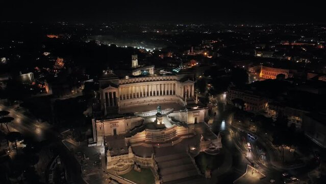 Aerial video of the Altera della Patria, the Roman Forum in Rome, Italy