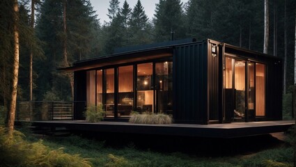 Modern Two-Story Container House in Forest . Generative AI