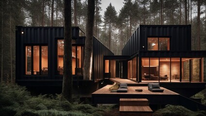 Fototapeta premium Modern Two-Story Container House in Forest. Generative AI