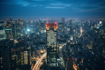 高層ビルが立ち並ぶ大都市の街並みの夜景