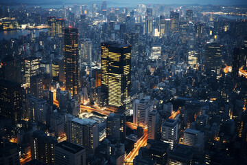 高層ビルが立ち並ぶ大都市の街並みの夜景