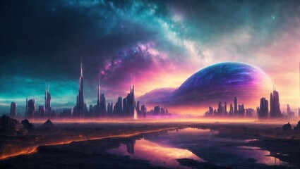 Awe-Inspiring Alien City: Futuristic Buildings and Nebulae at Sunset. Generative AI