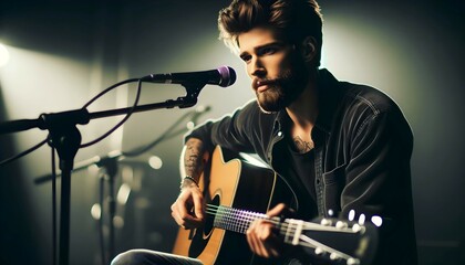 Portrait of handsome male musician with beard, singer with guitar performing on stage