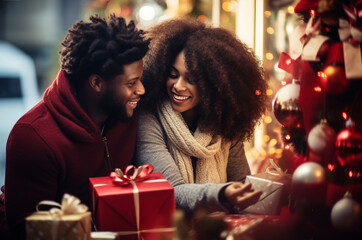 Obraz na płótnie Canvas Black couple exchanging christmas gifts near the tree