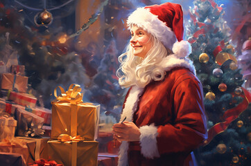 Fototapeta na wymiar Postcard Mrs. Santa gives gifts