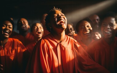 A group of Christian gospel singers celebrating the Lord Jesus Christ. The song spreads blessing, harmony in joy and faith. A group of African American men and women in a church.