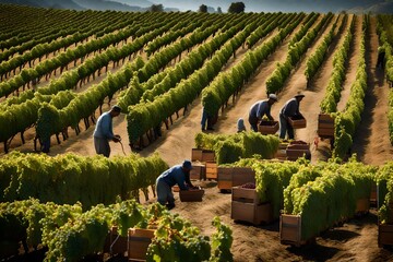 A sprawling vineyard with rows of grapevines heavy with ripe clusters, as workers pick grapes and...