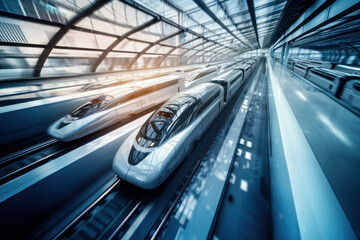 Futuristic High-Speed Trains in the Heart of Modern Metropolis