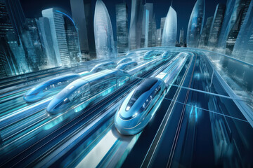 Futuristic High-Speed Trains in the Heart of Modern Metropolis