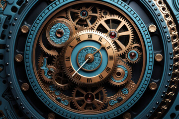 Fototapeta na wymiar Precision Engineering, Detailed Clockwork Gears in Blue and Black
