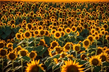 A vibrant, sunflower field in full bloom, with farmers gathering the cheerful flowers for seeds during a summer harvest. --ar