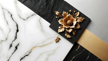 Aesthetic black  and white marble stone with golden flower background, textured decorative stone banner, artistic template