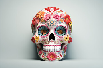 3d illustration of skull with floral ornament on white background. Sugar Skull (Calavera) celebrating Mexico's Day of the Dead (Dia de Los Muertos) colorful floral illustration