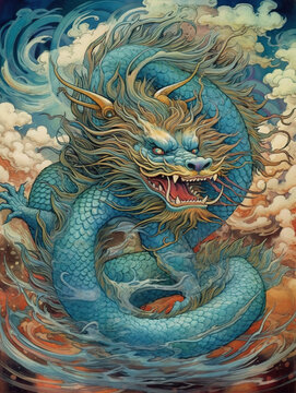 Chinese dragon illustration in the sea,created with Generative AI tecnology.