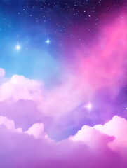 Abstract starlight and pink and purple and blue clouds stardust. This image shows a cloudy night sky with stars. The clouds are purple and fluffy, and the stars are shining brightly in the sky