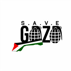 Fototapeta premium Save Gaza poster design with illustration of the Palestinian flag, map of Gaza and grenades on the letter A.