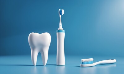 dental hygiene products including tooth model and electric toothbrush on blue background