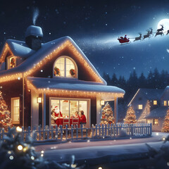 Postal navideña, casa nevada con chimenea, con familia dentro cenando y celebrando la Navidad