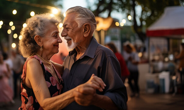 Senior latin american couple dancing happily on the street