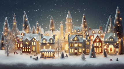 Fototapeta na wymiar Christmas village winter postcard
