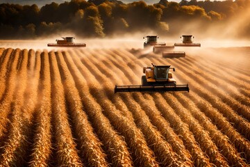 A sun-kissed field of corn, with farmers using a modern combine harvester to efficiently collect the mature corn cobs during the autumn harvest. --ar - obrazy, fototapety, plakaty