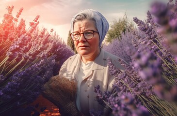 Autistic woman with glasses lavender field. Work social affection regret. Generate Ai