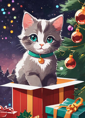 Cute Cartoon Christmas Kitty Cat Illustration Greetings Card
